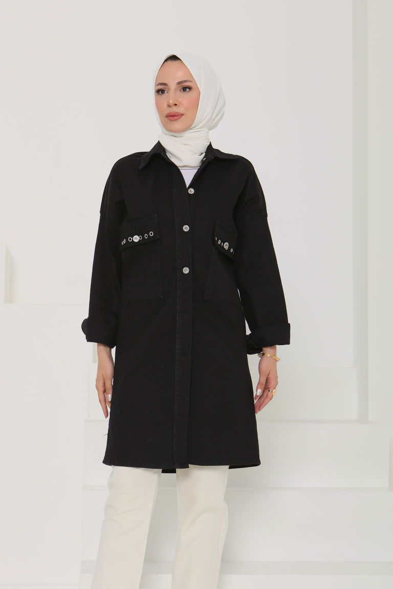 Kadın Oversize Kuş Gözü Cepli Kot Ceket Siyah - 26579 - TOFİSA