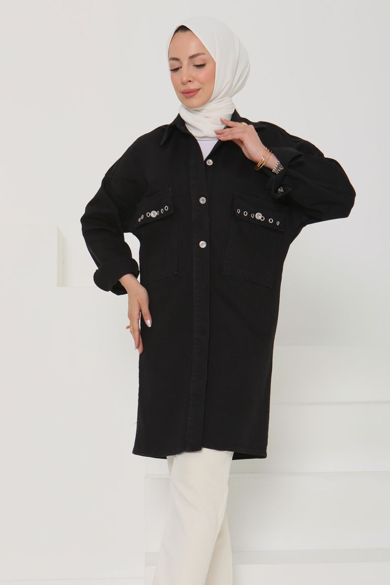 Kadın Oversize Kuş Gözü Cepli Kot Ceket Siyah - 26579 - TOFİSA