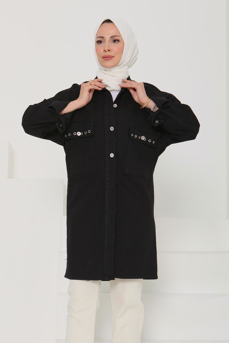 Kadın Oversize Kuş Gözü Cepli Kot Ceket Siyah - 26579 - TOFİSA