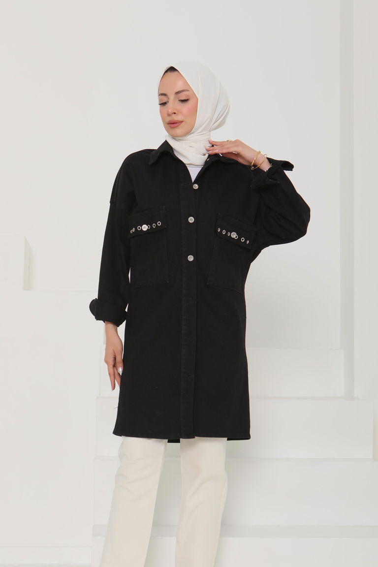 Kadın Oversize Kuş Gözü Cepli Kot Ceket Siyah - 26579 - TOFİSA