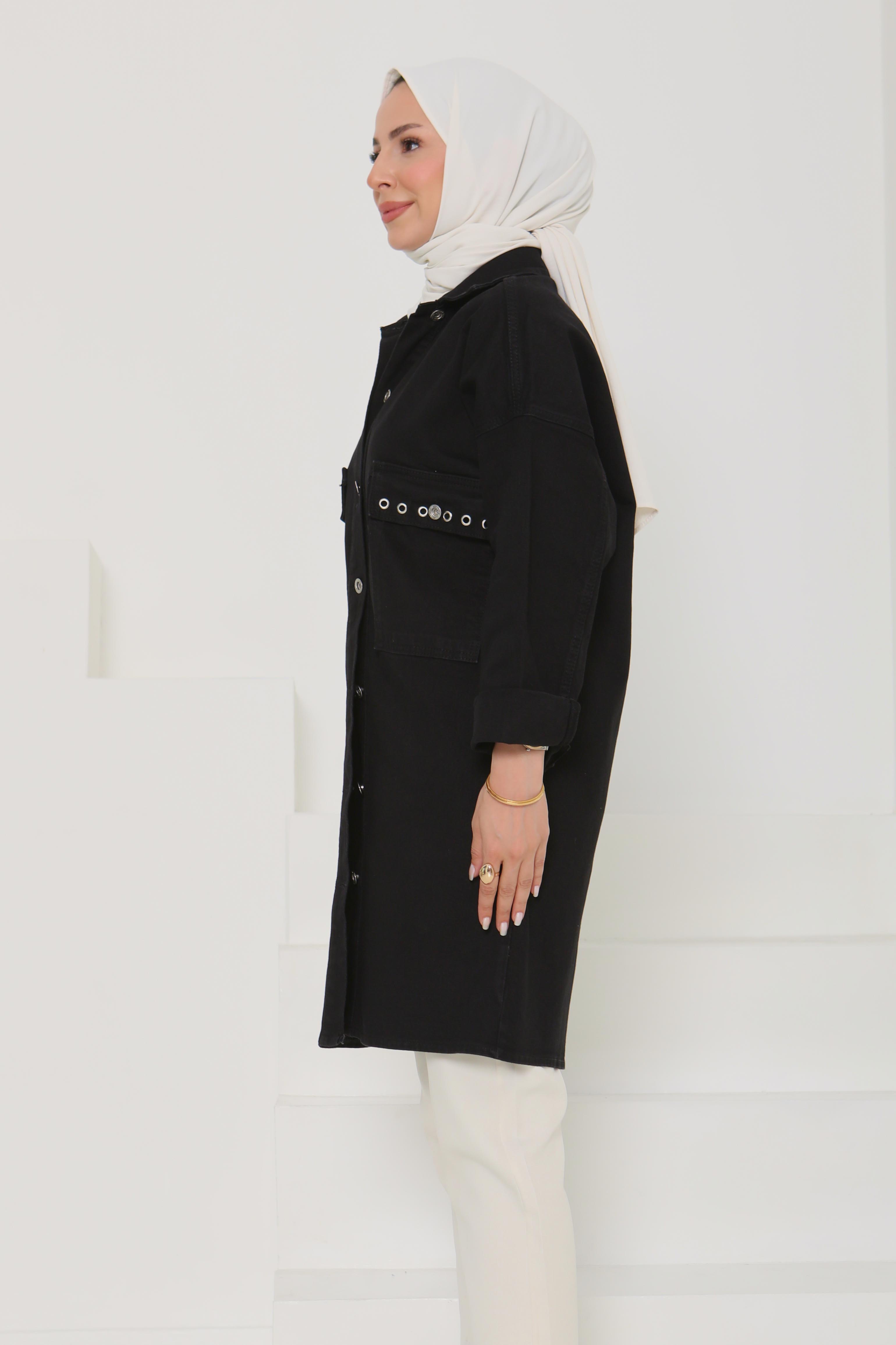 Kadın Oversize Kuş Gözü Cepli Kot Ceket Siyah - 26579 - 6
