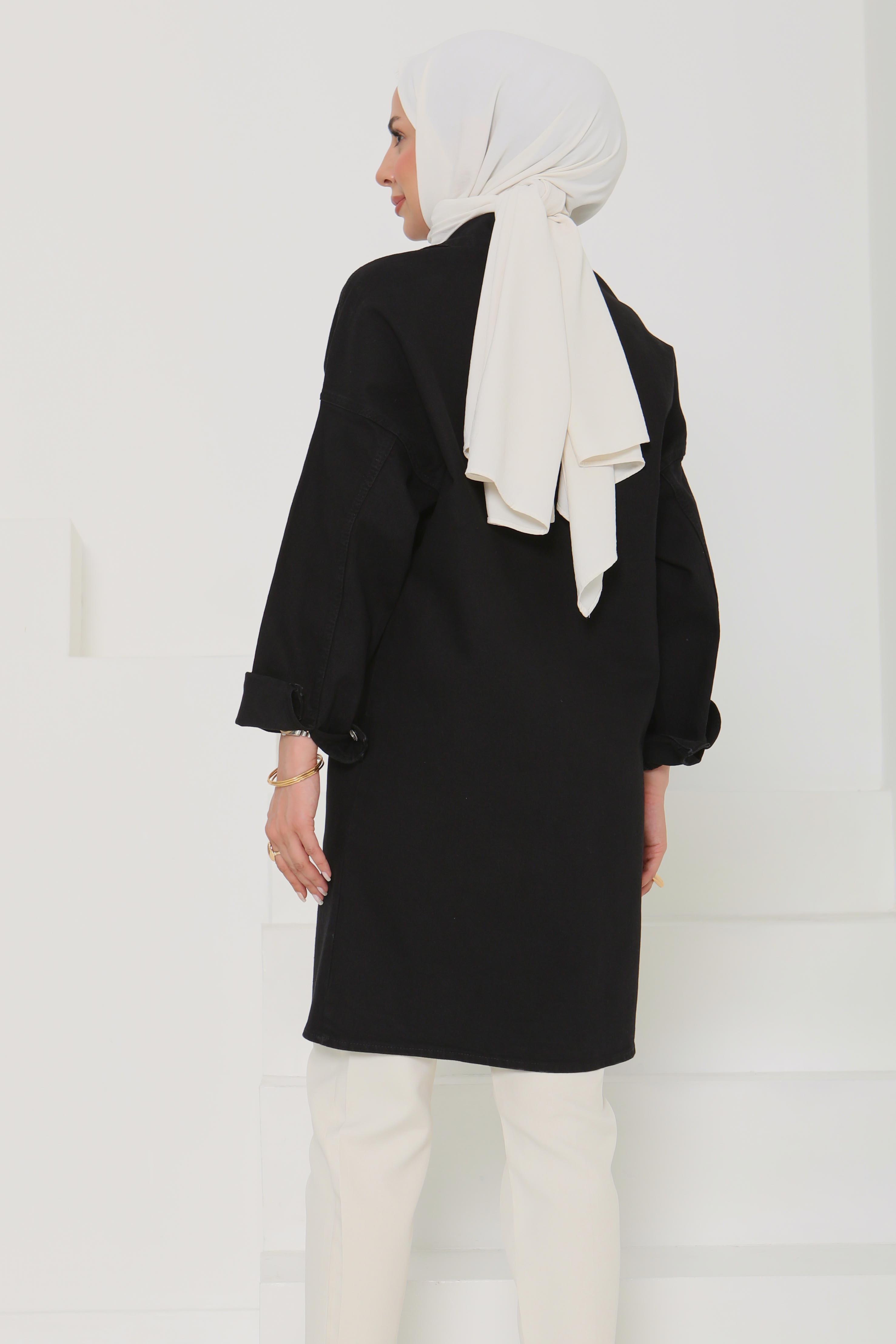 Kadın Oversize Kuş Gözü Cepli Kot Ceket Siyah - 26579 - 7