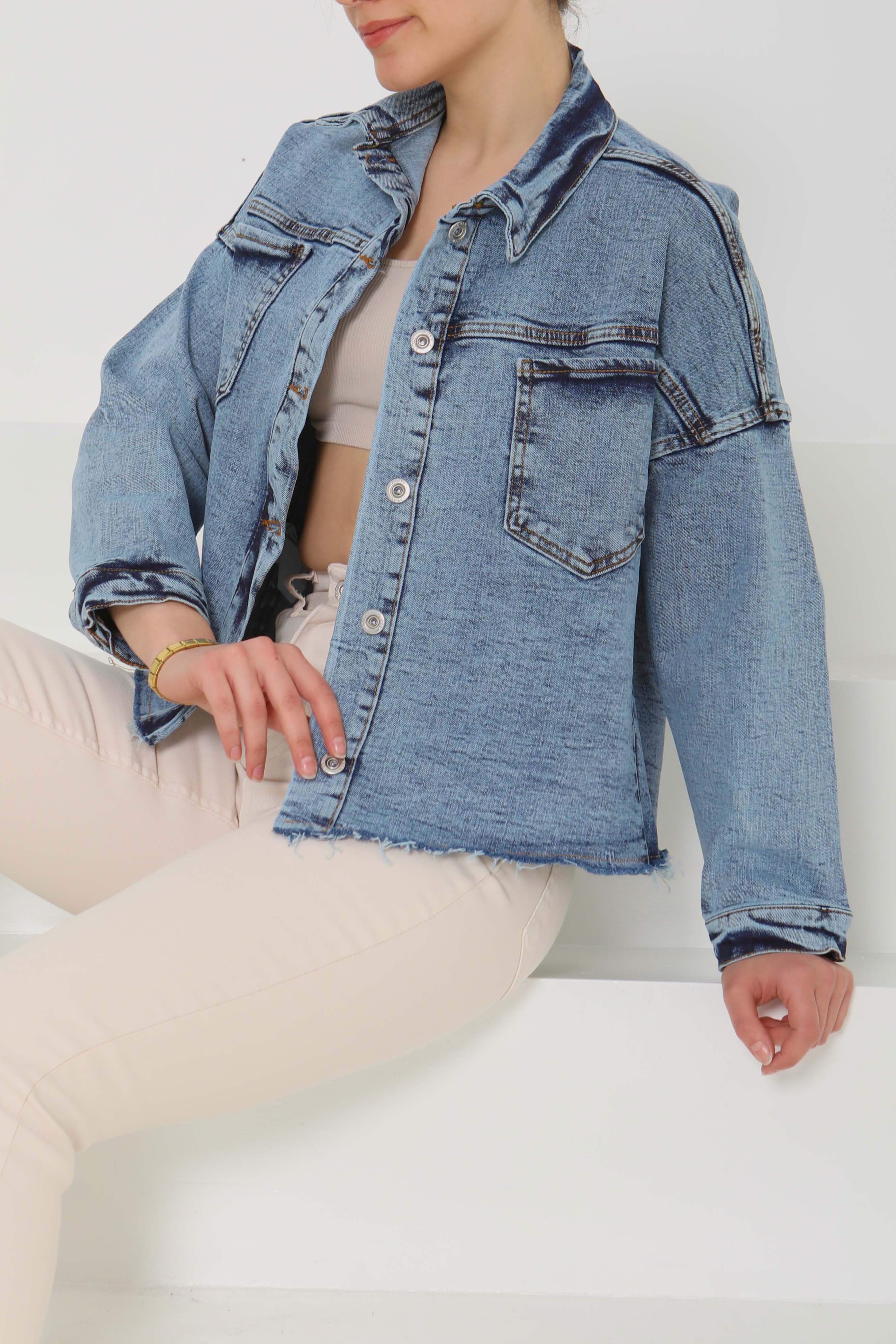 Kadın Oversize Püskül Detay Yaka Cep Kot Ceket Mavi - 26580 - 7