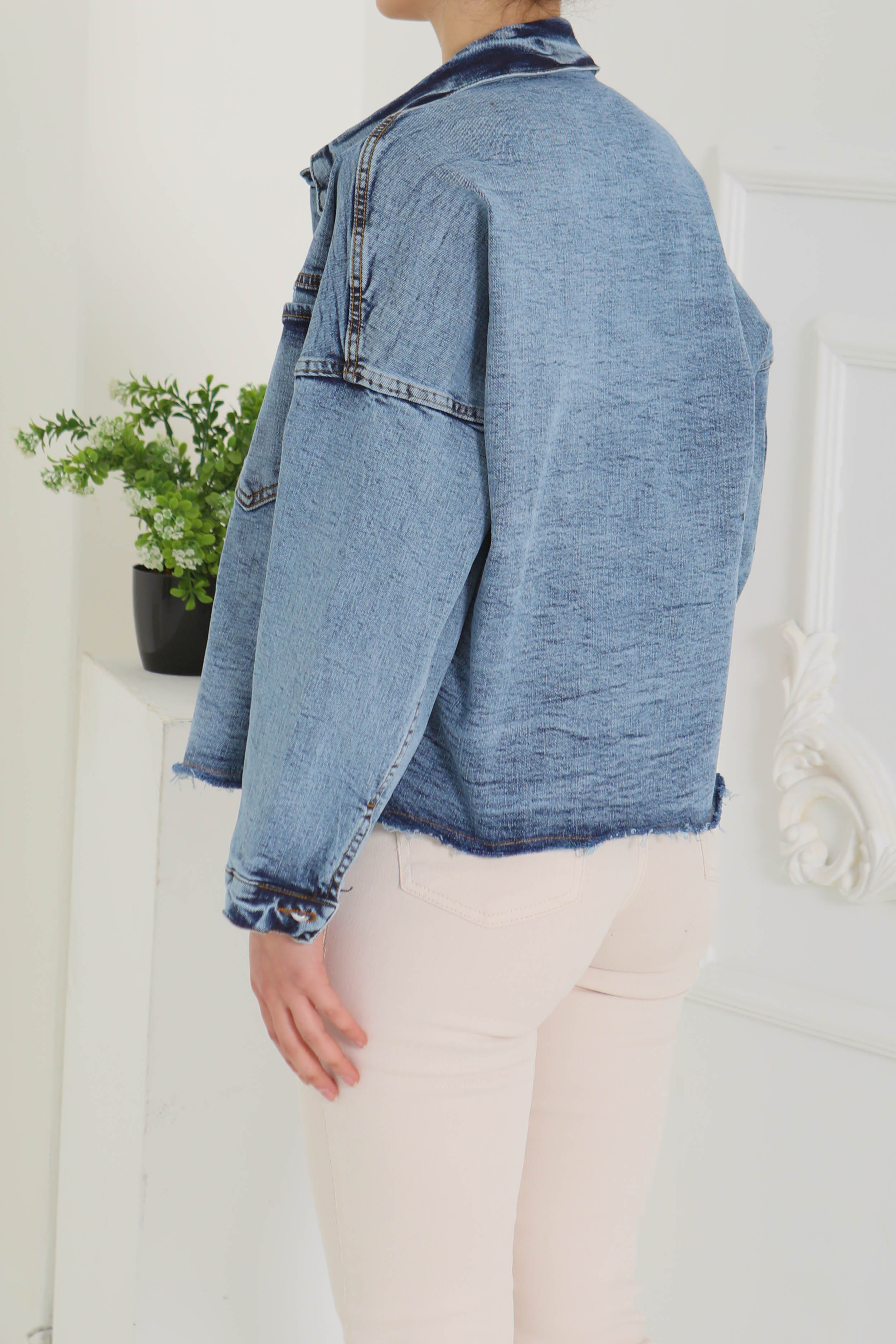 Kadın Oversize Püskül Detay Yaka Cep Kot Ceket Mavi - 26580 - 12