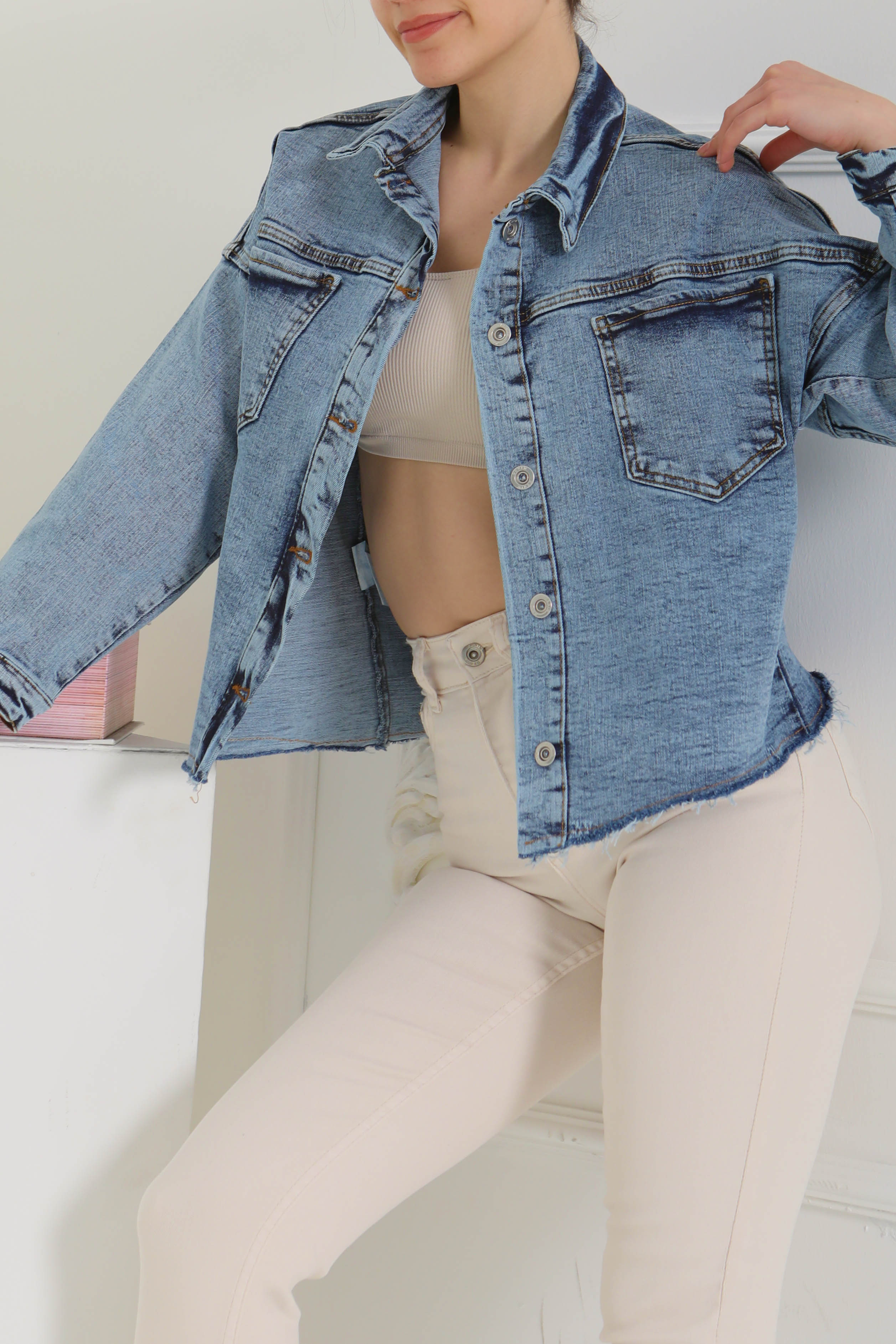 Kadın Oversize Püskül Detay Yaka Cep Kot Ceket Mavi - 26580 - 2