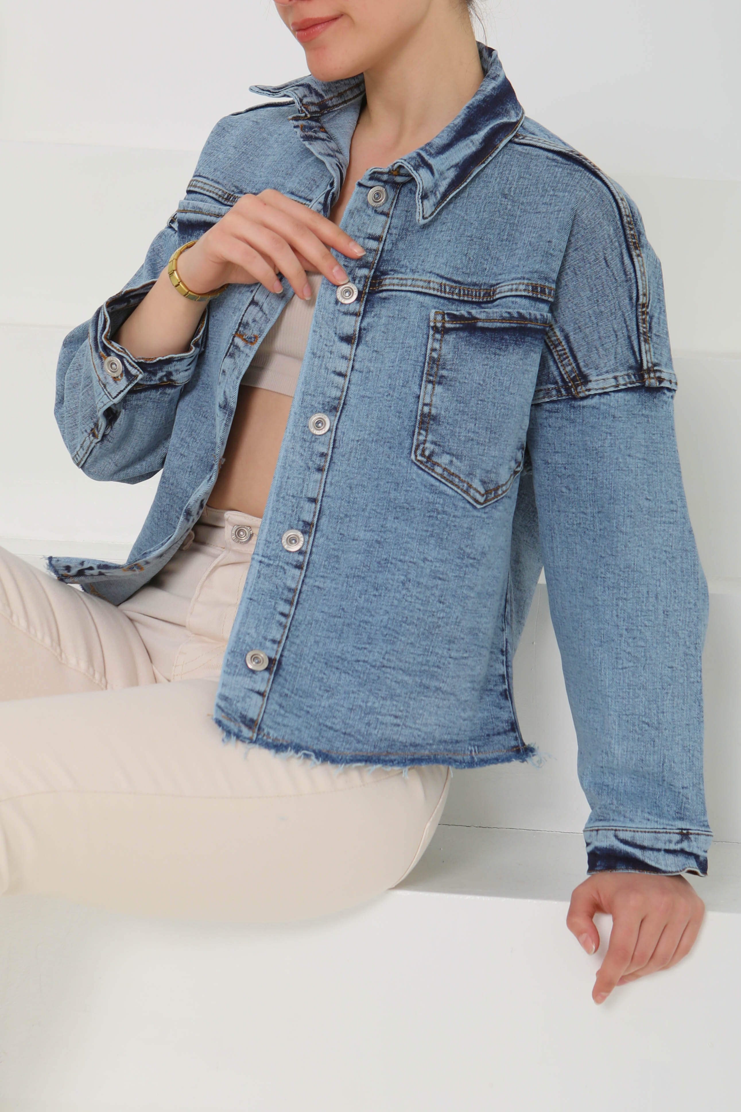 Kadın Oversize Püskül Detay Yaka Cep Kot Ceket Mavi - 26580 - 3