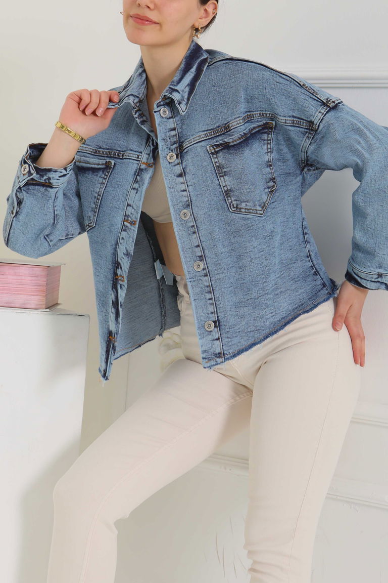 Kadın Oversize Püskül Detay Yaka Cep Kot Ceket Mavi - 26580 - TOFİSA