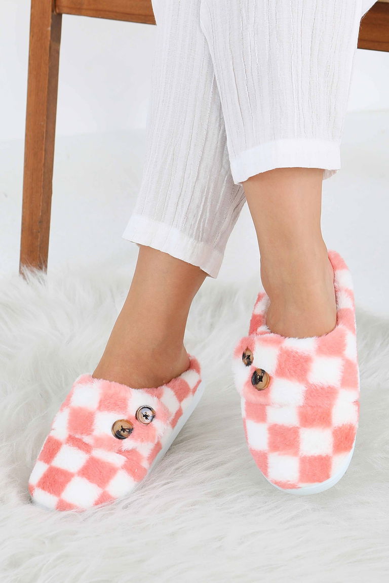 Kadın Pembe Ekoseli Düğmeli Ev Terliği - 27780-PEMBE - TOFİSA