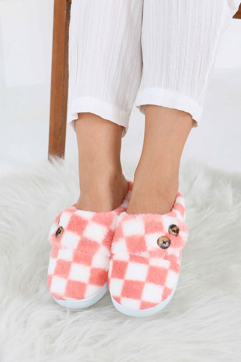 Kadın Pembe Ekoseli Düğmeli Ev Terliği - 27780-PEMBE - TOFİSA