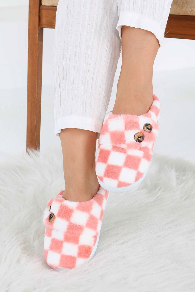 Kadın Pembe Ekoseli Düğmeli Ev Terliği - 27780-PEMBE - TOFİSA