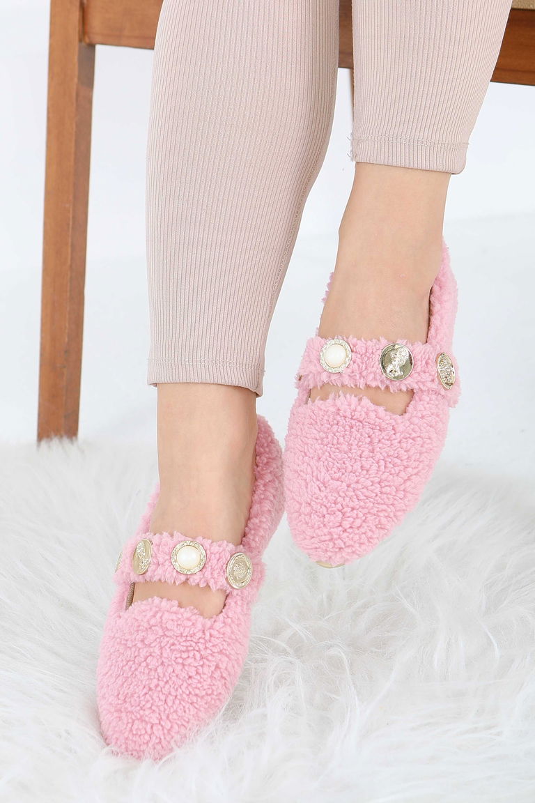 Kadın Pembe İnci Ve Tuğra Detaylı Peluş Babet - 27911-PEMBE - TOFİSA