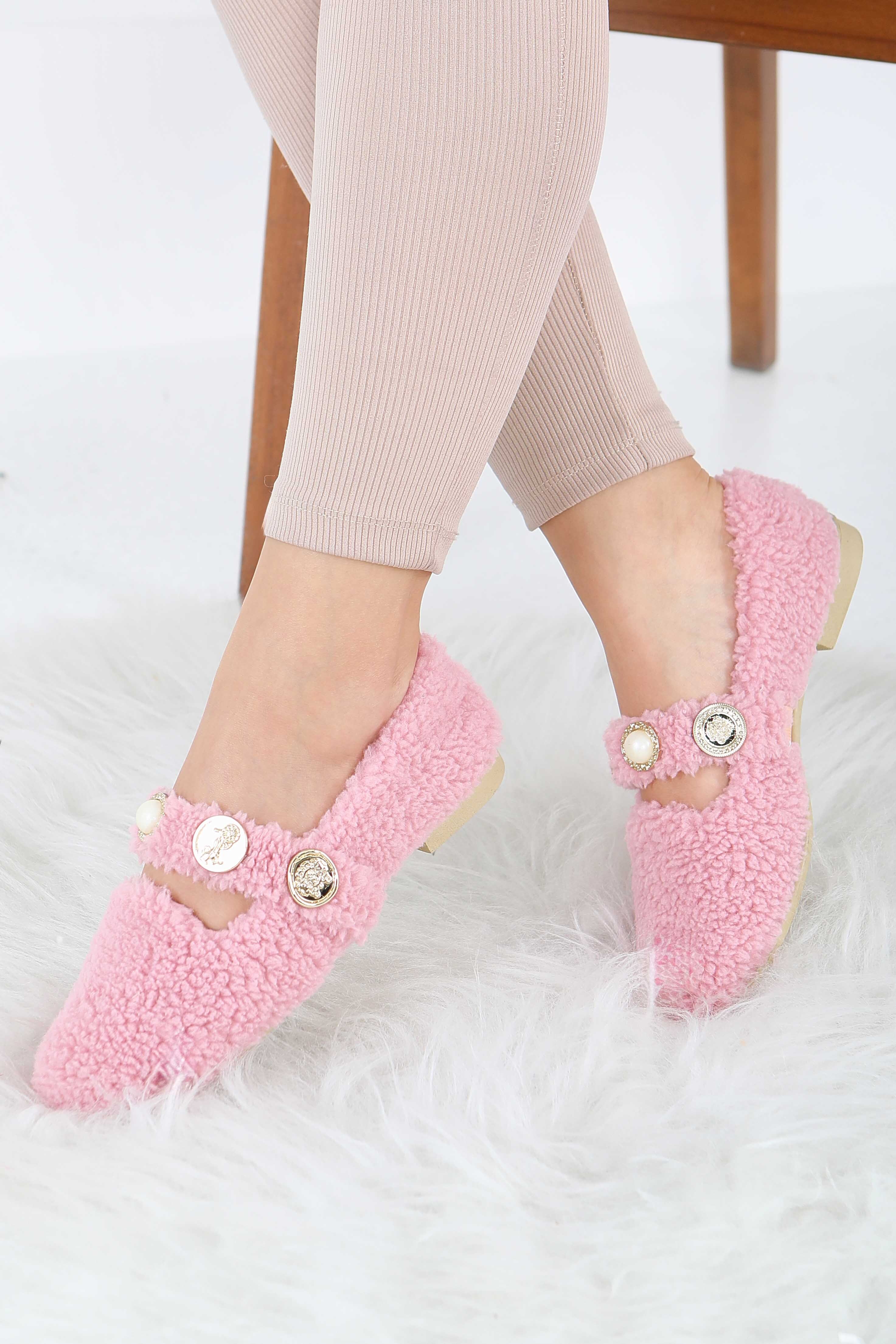 Kadın Pembe İnci Ve Tuğra Detaylı Peluş Babet - 27911-PEMBE - 2