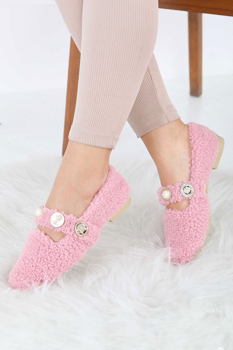 Kadın Pembe İnci Ve Tuğra Detaylı Peluş Babet - 27911-PEMBE - TOFİSA