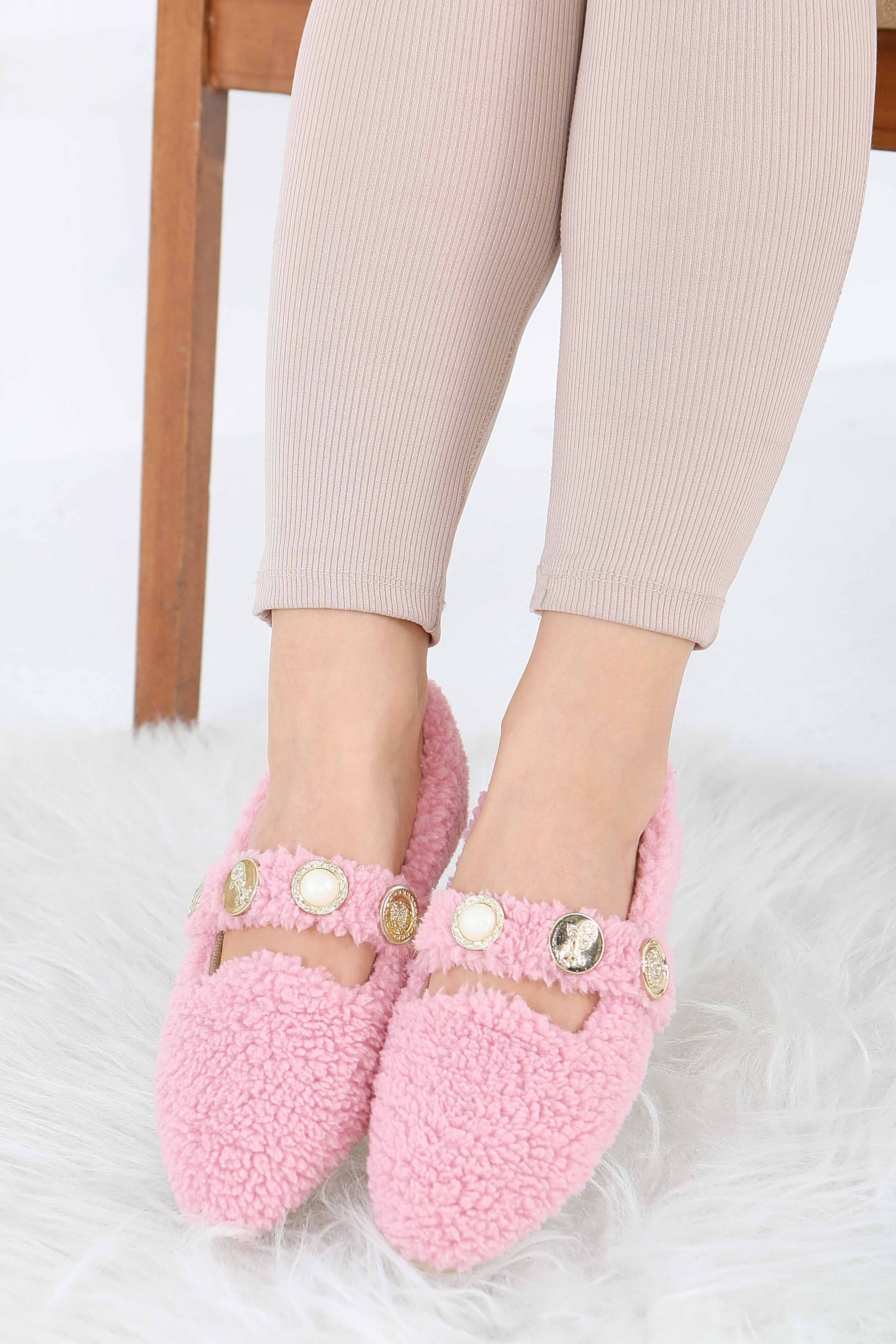 Kadın Pembe İnci Ve Tuğra Detaylı Peluş Babet - 27911-PEMBE - 3