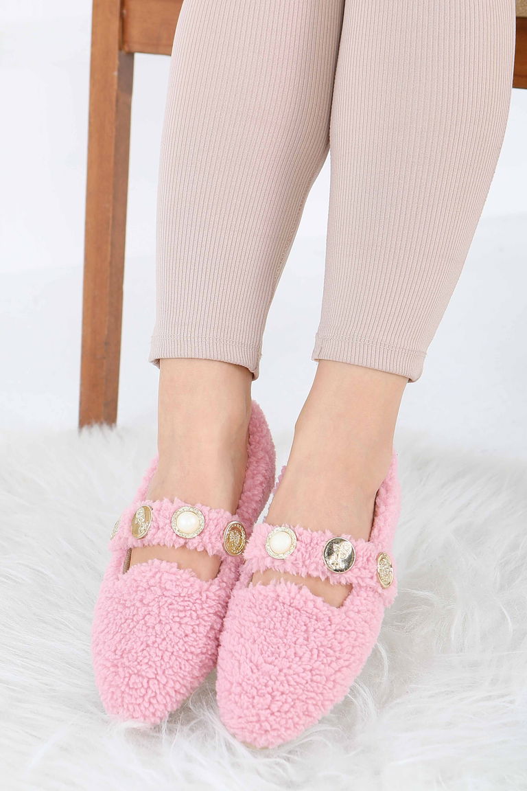 Kadın Pembe İnci Ve Tuğra Detaylı Peluş Babet - 27911-PEMBE - TOFİSA
