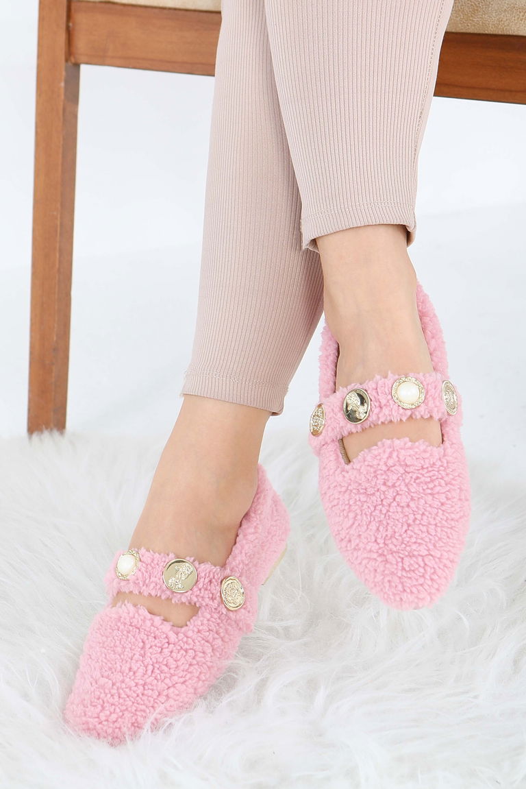 Kadın Pembe İnci Ve Tuğra Detaylı Peluş Babet - 27911-PEMBE - TOFİSA