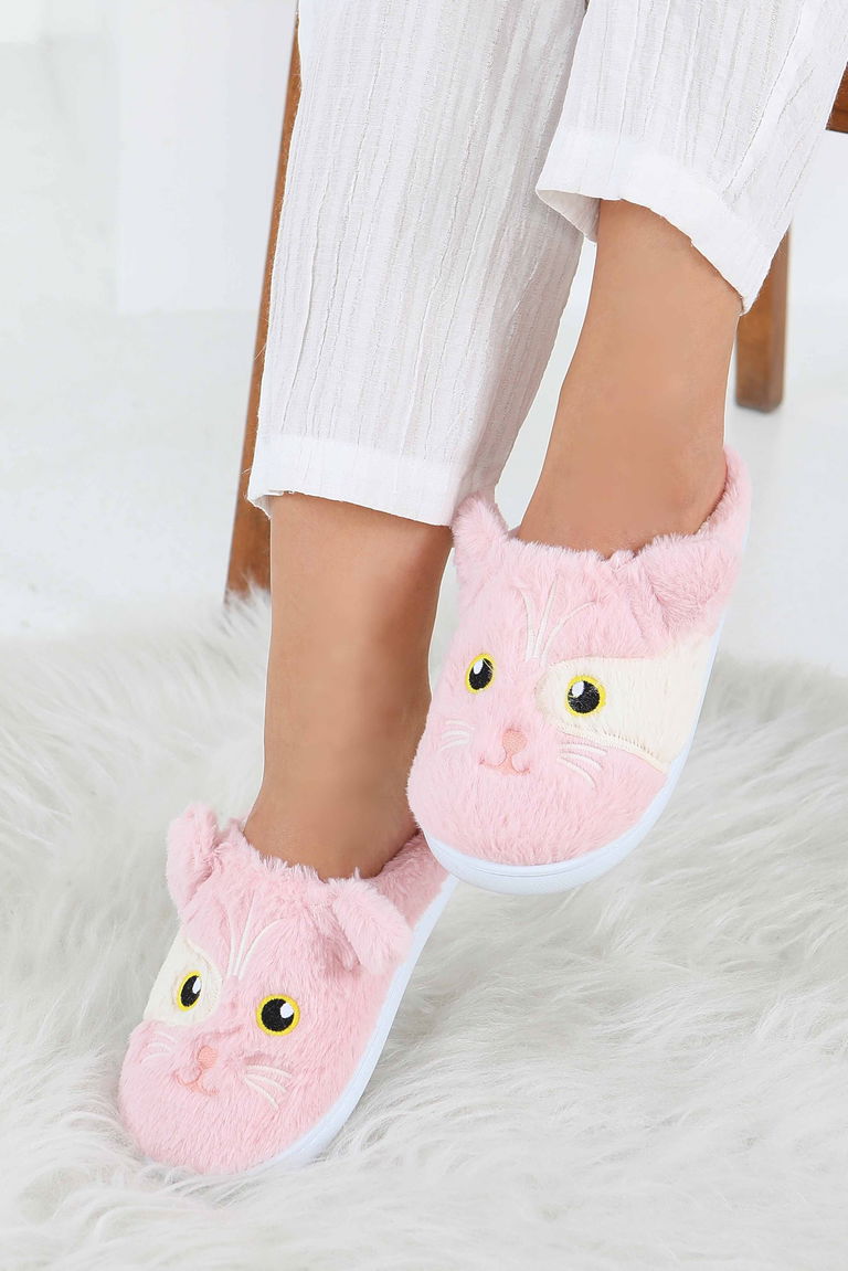 Kadın Pembe Kedi İşleme Detaylı Ev Terliği - 27778-PEMBE - TOFİSA