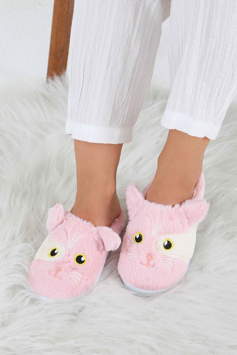 Kadın Pembe Kedi İşleme Detaylı Ev Terliği - 27778-PEMBE - TOFİSA