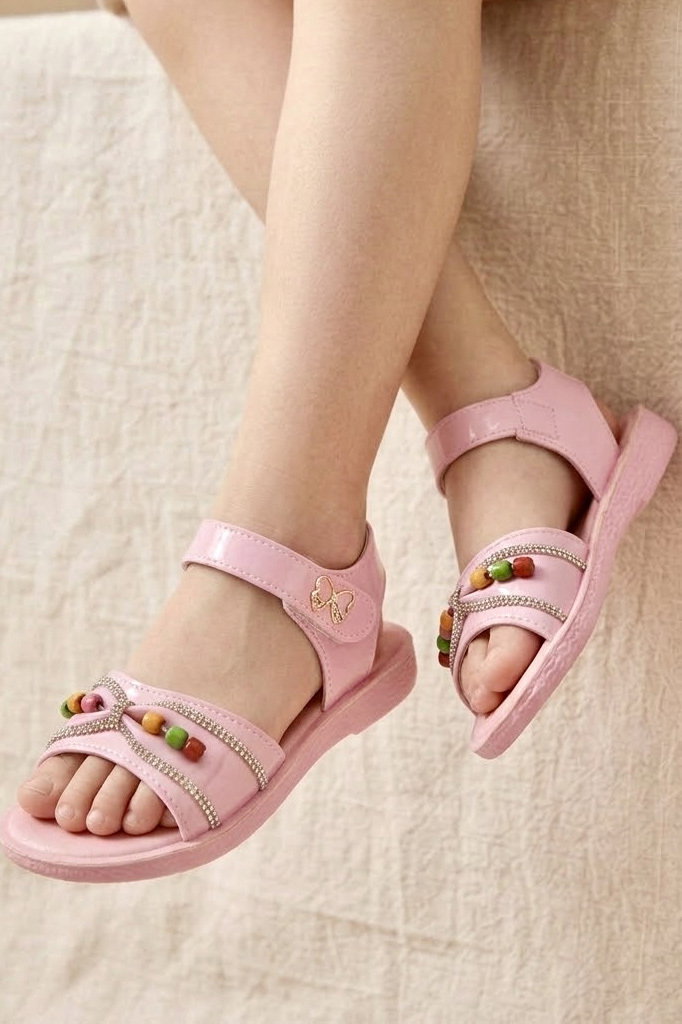 Kadın Pembe Taşlı Renkli Boncuklu Kız Çocuk Sandalet - 28585-PEMBE - 1