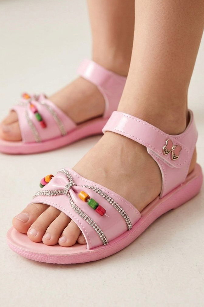 Kadın Pembe Taşlı Renkli Boncuklu Kız Çocuk Sandalet - 28585-PEMBE - 2