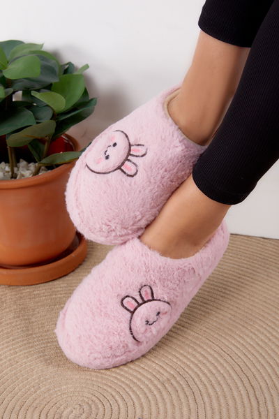 Kadın Pembe Peluş Tavşanlı Ev Terliği - 26295 