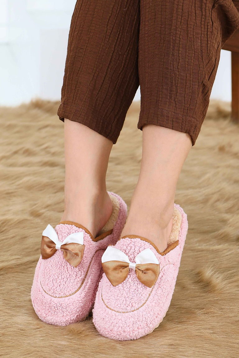 Kadın Pudra Fiyonklu Peluş Ev Terliği - 27772-PUDRA - TOFİSA