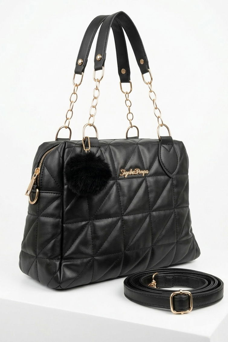 Kadın Siyah Baklava Dikiş Detaylı Suni Deri Çanta - 28333-SIYAH - 2