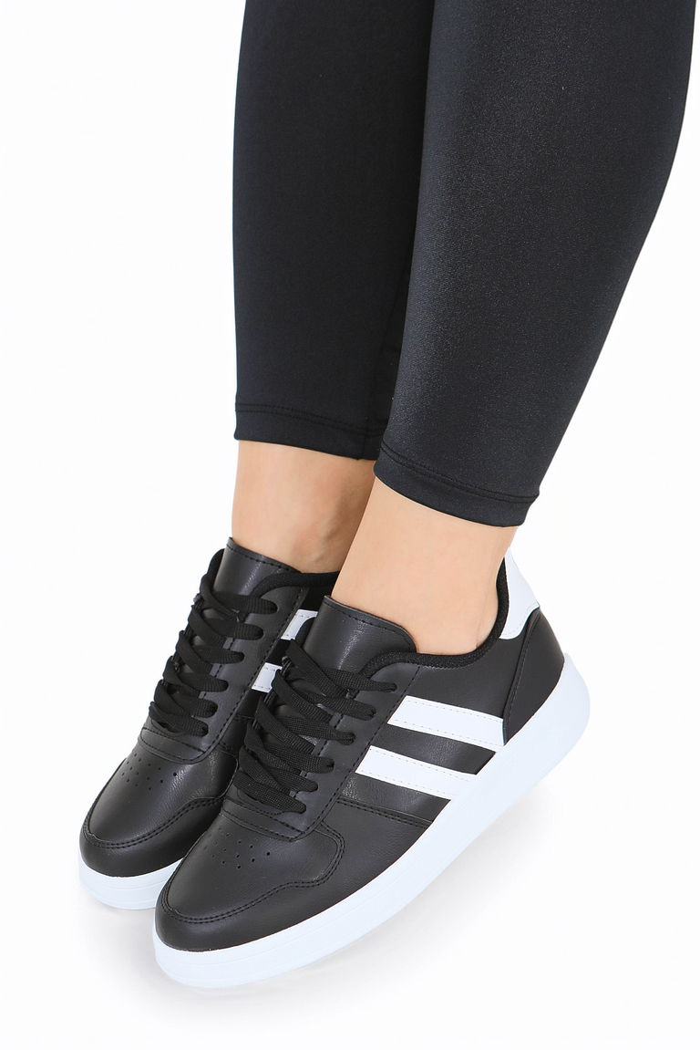 Kadın Siyah Beyaz Çizgili Suni Deri Spor Ayakkabı - 27888-SIYAH-BEYAZ - TOFİSA