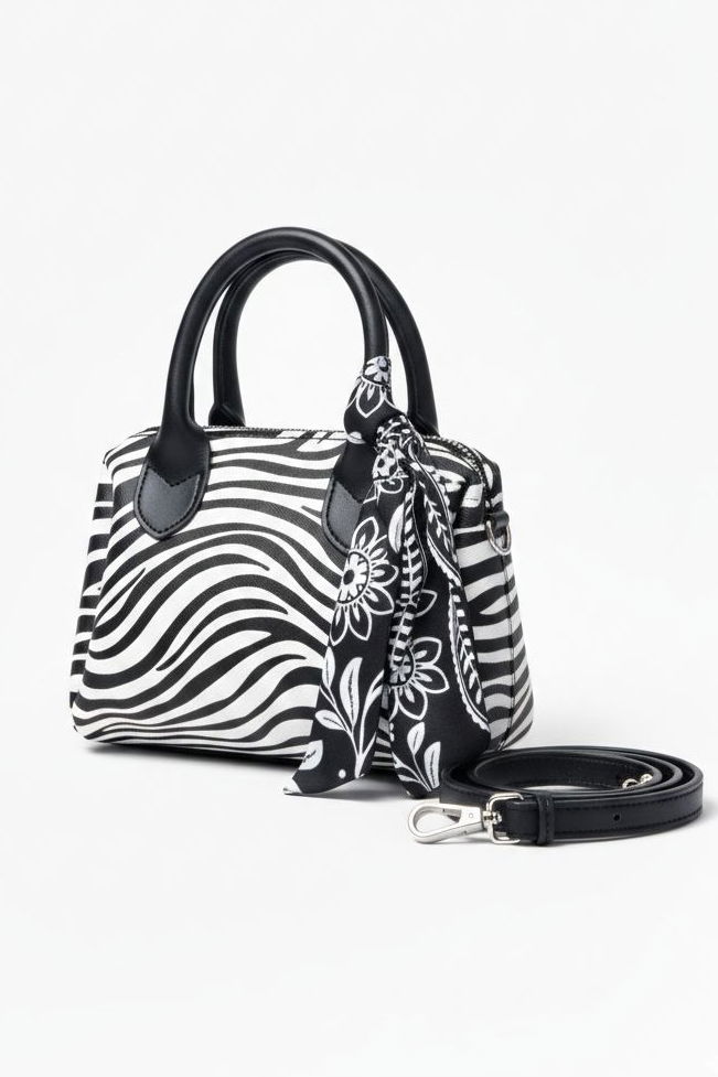 Kadın Siyah Beyaz Flarlı Mini El Çantası - 28225-SIYAH-BEYAZ - TOFİSA