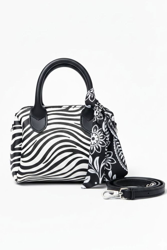 Kadın Siyah Beyaz Flarlı Mini El Çantası - 28225-SIYAH-BEYAZ - TOFİSA