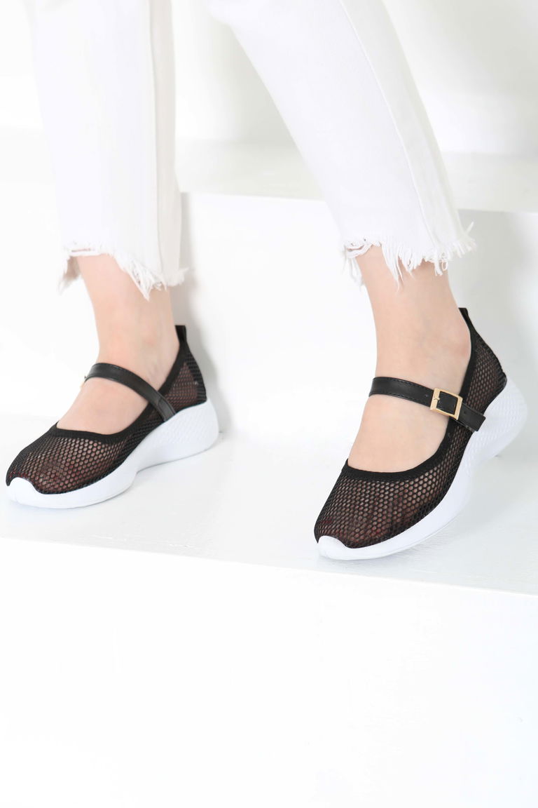 Kadın Siyah Beyaz Kemerli File Babet Ayakkabı - 27144 - TOFİSA