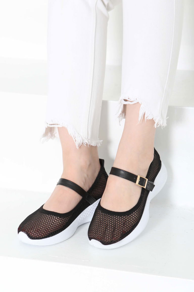 Kadın Siyah Beyaz Kemerli File Babet Ayakkabı - 27144 - TOFİSA