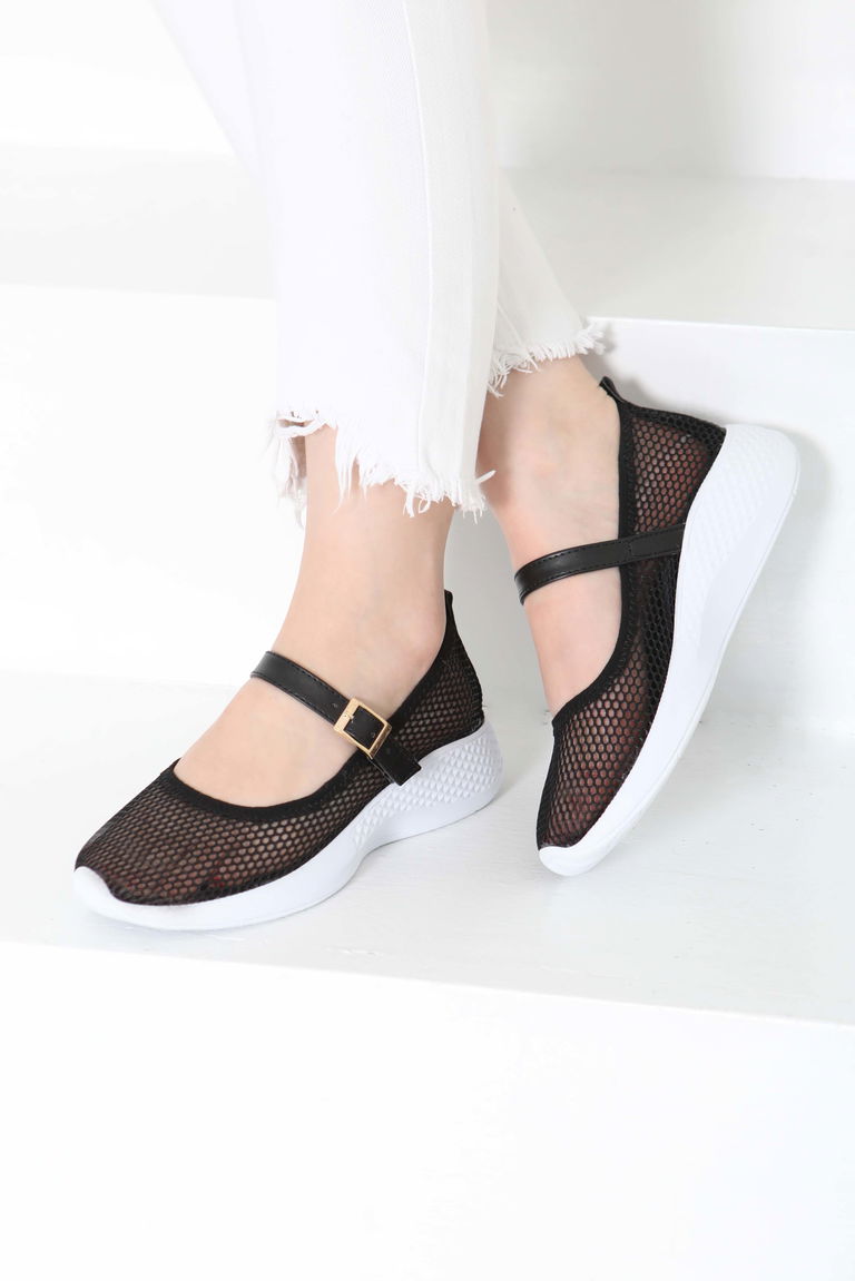 Kadın Siyah Beyaz Kemerli File Babet Ayakkabı - 27144 - TOFİSA