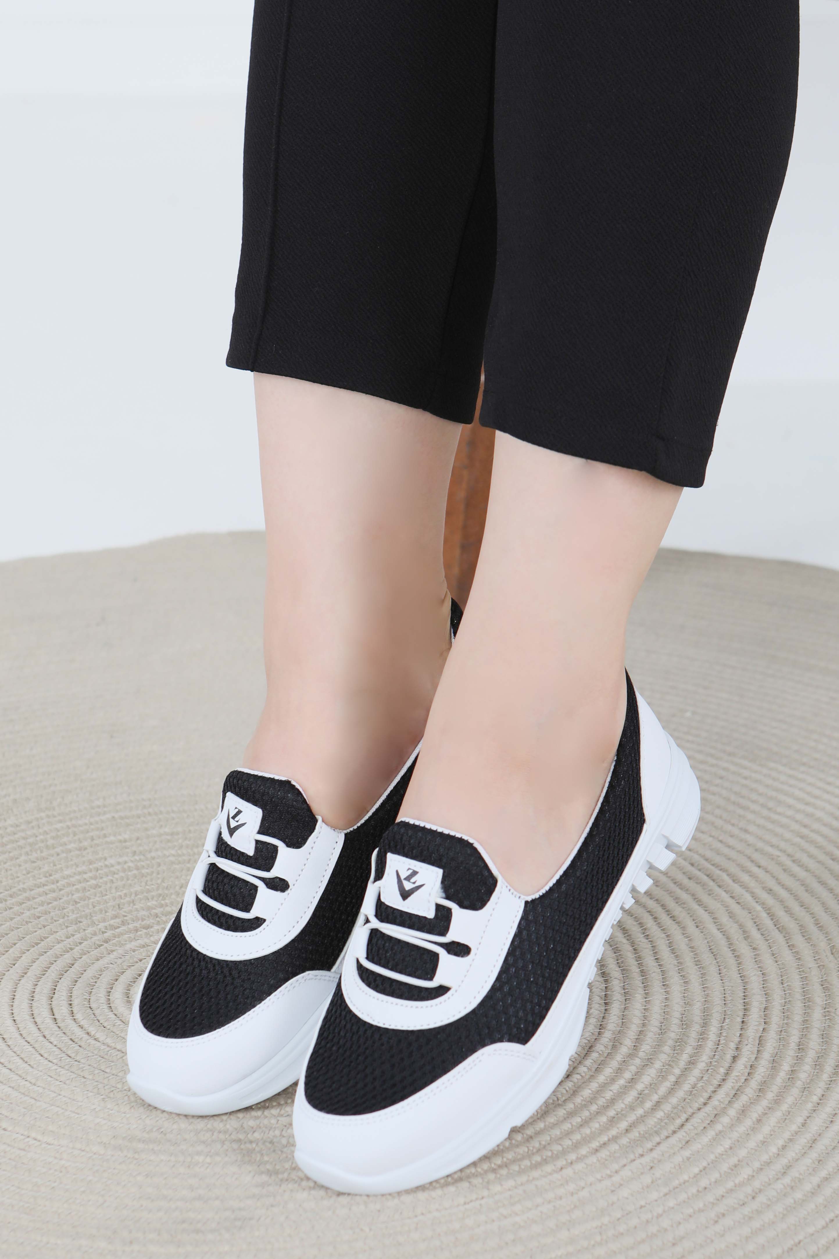 Kadın Siyah Beyaz Lastikli File Babet - 27475 - 2