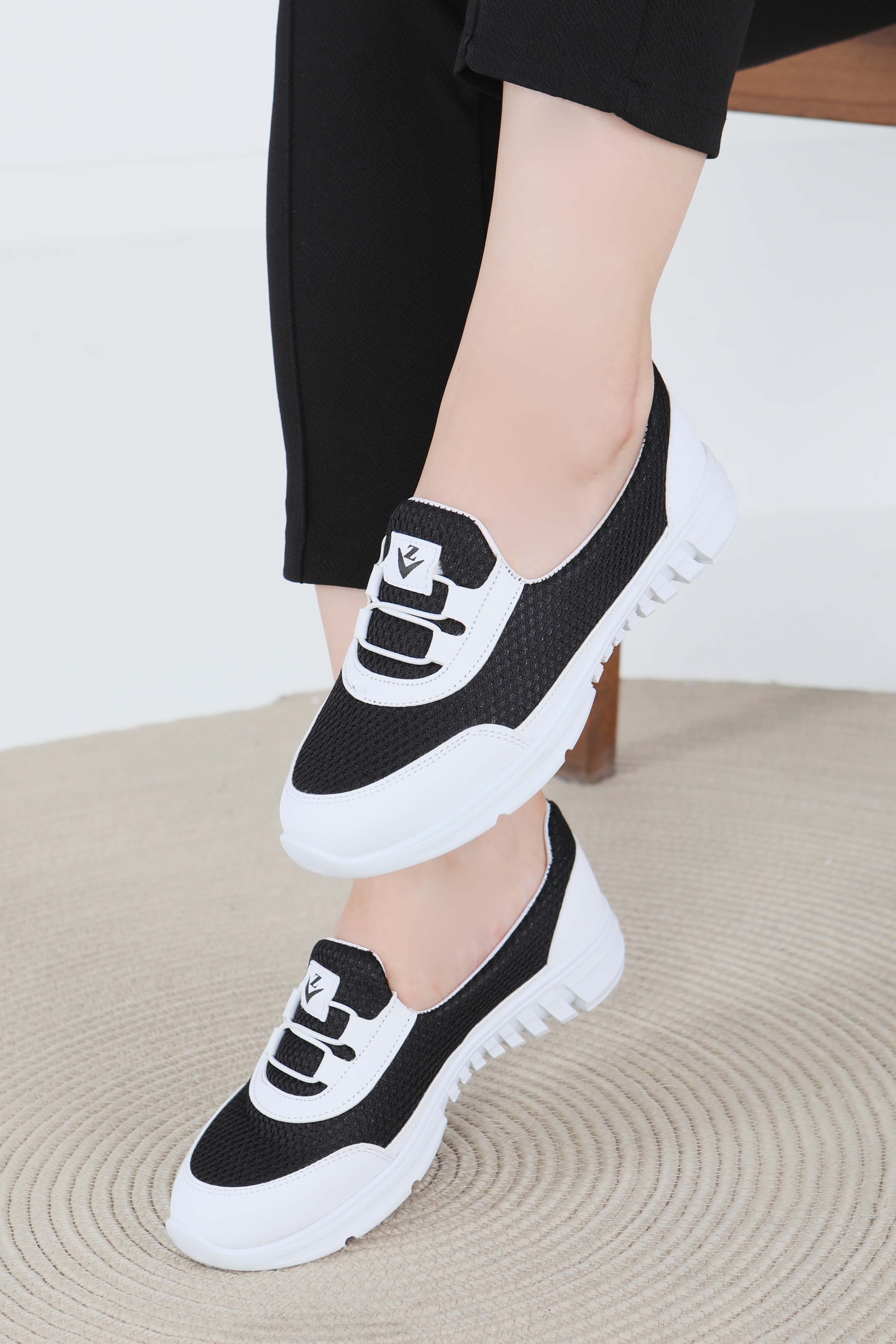 Kadın Siyah Beyaz Lastikli File Babet - 27475 - 3