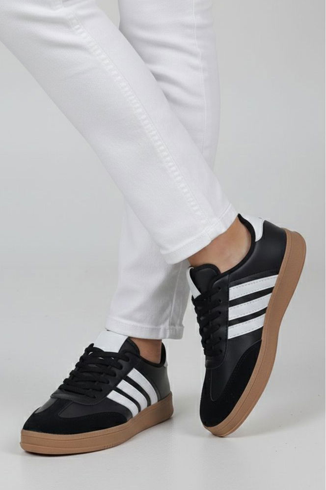 Kadın Siyah Beyaz Süet Detatlı Spor Ayakkabı - 28106-SIYAH-BEYAZ - 1