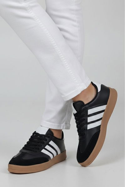 Kadın Siyah Beyaz Süet Detatlı Spor Ayakkabı - 28106-SIYAH-BEYAZ 