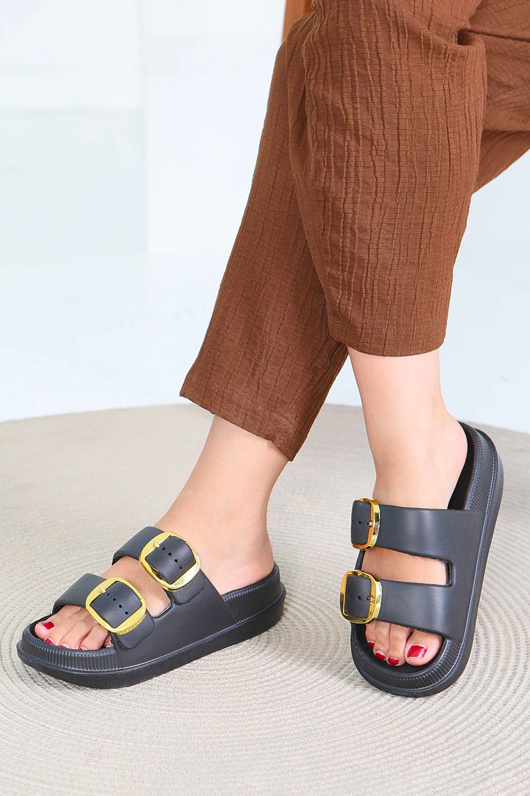 Kadın Siyah Çift Kemerli Terlik - 27565 - TOFİSA