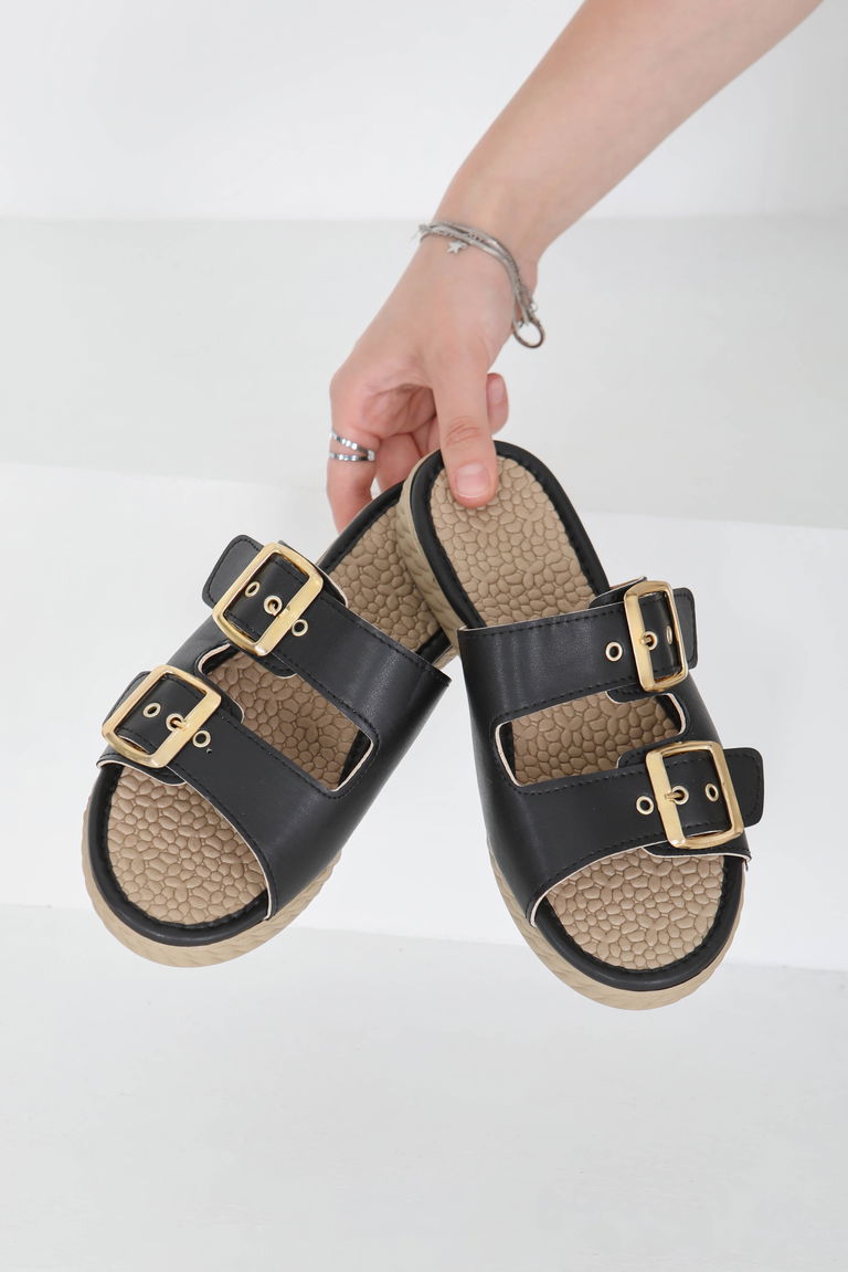 Kadın Siyah Çift Tokalı Terlik - 27354 - TOFİSA