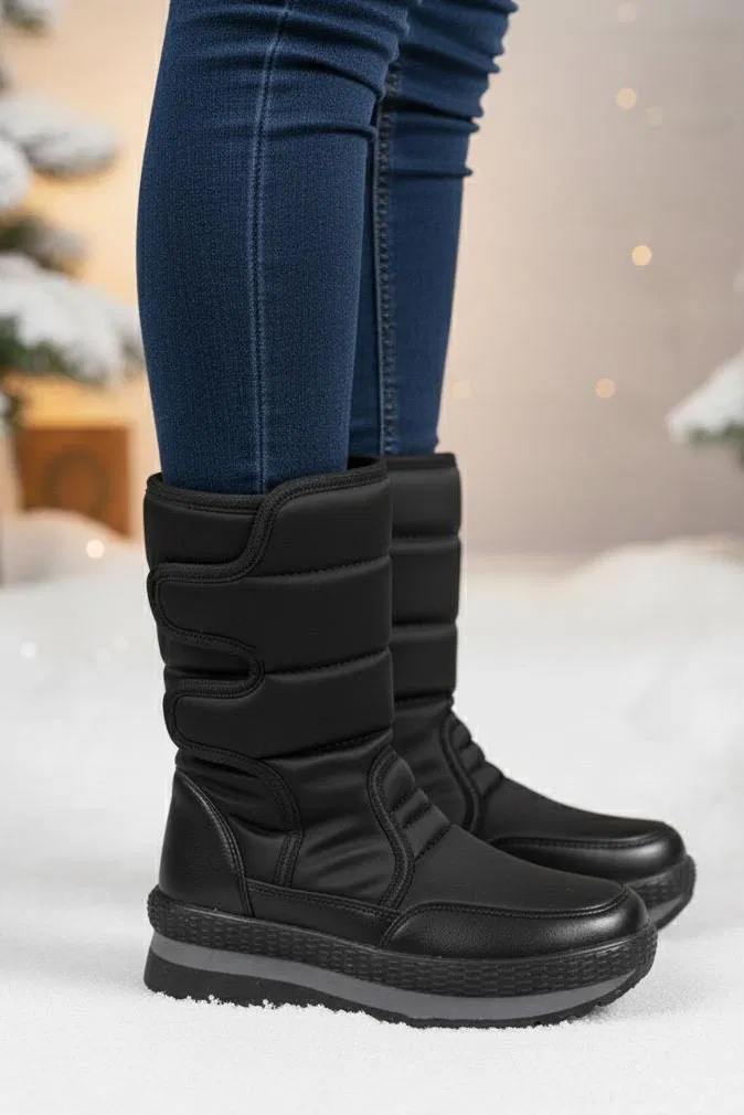 Kadın Siyah Cırt Cırt Detaylı Çizme - 28119-SIYAH - TOFİSA