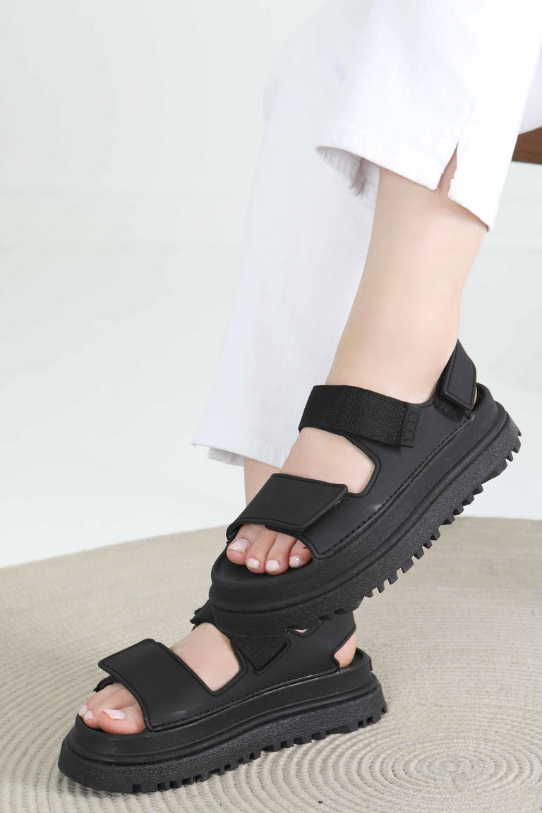 Kadın Siyah Cırt Cırtlı Sandelet - 27419 - TOFİSA