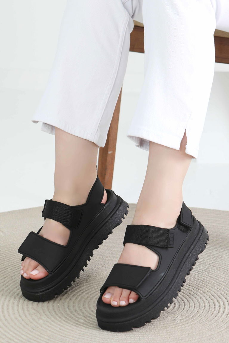 Kadın Siyah Cırt Cırtlı Sandelet - 27419 - TOFİSA