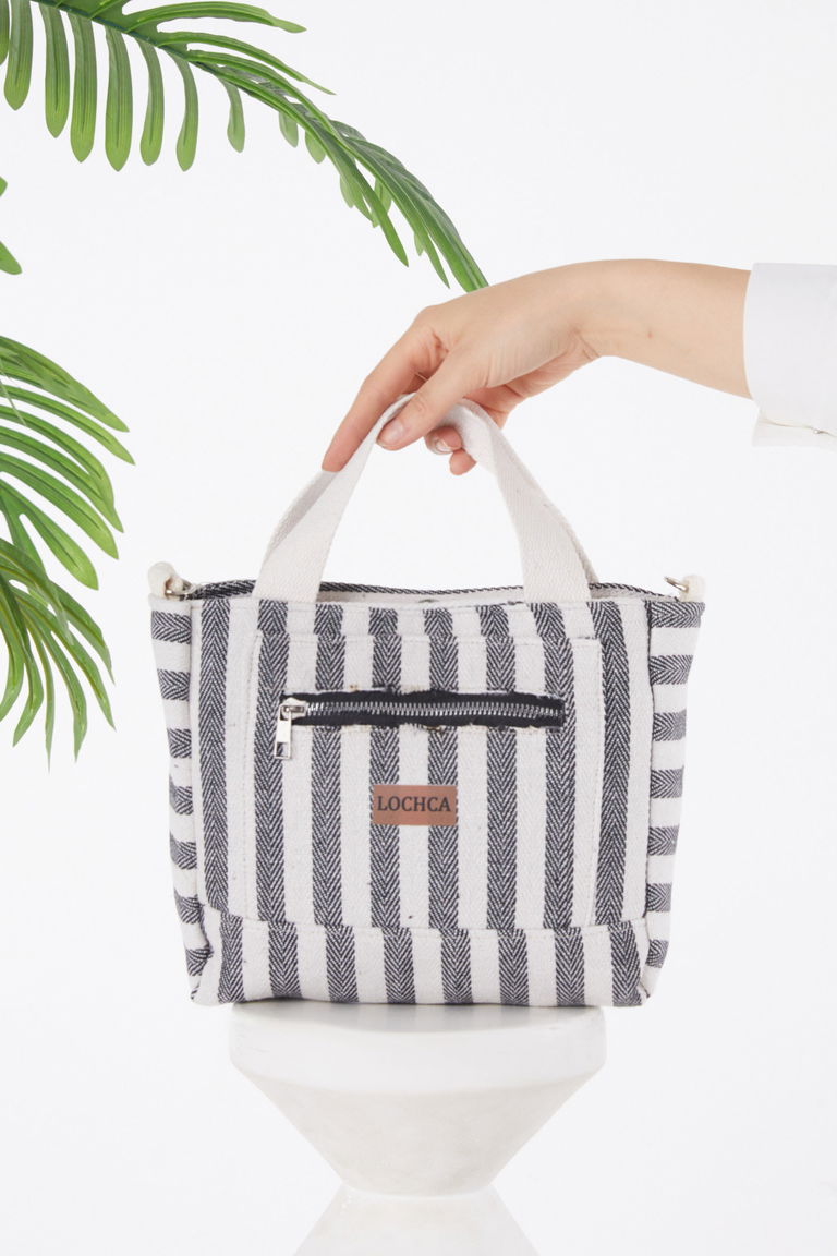 Kadın Siyah Çizgili Mini Çanta - 25403 - TOFİSA