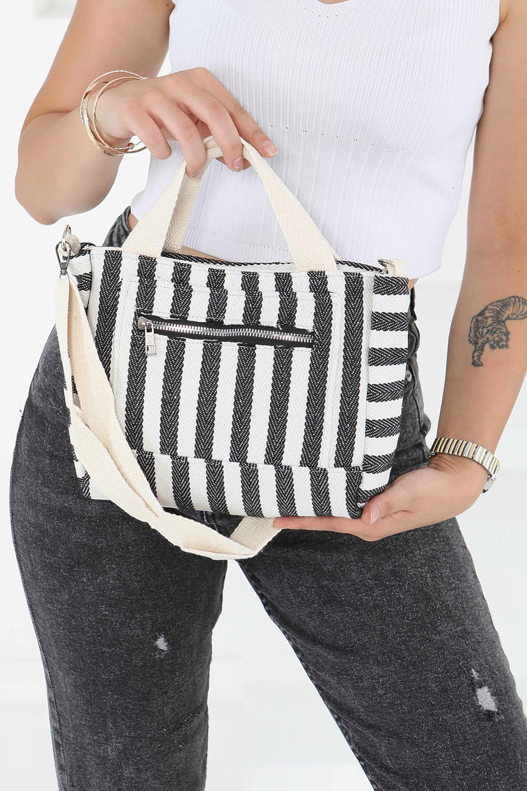 Kadın Siyah Çizili Mini Çanta - 25900 - TOFİSA