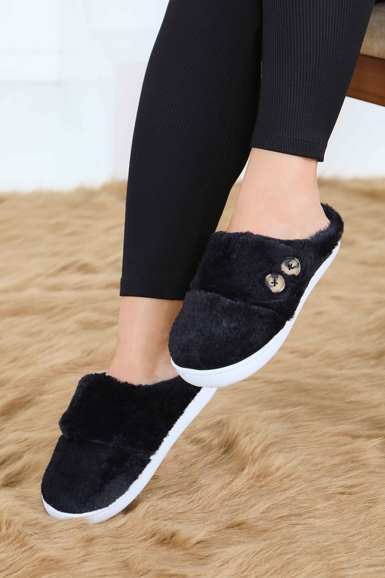 Kadın Siyah Düğmeli Düz Ev Terliği - 27777-SIYAH - TOFİSA