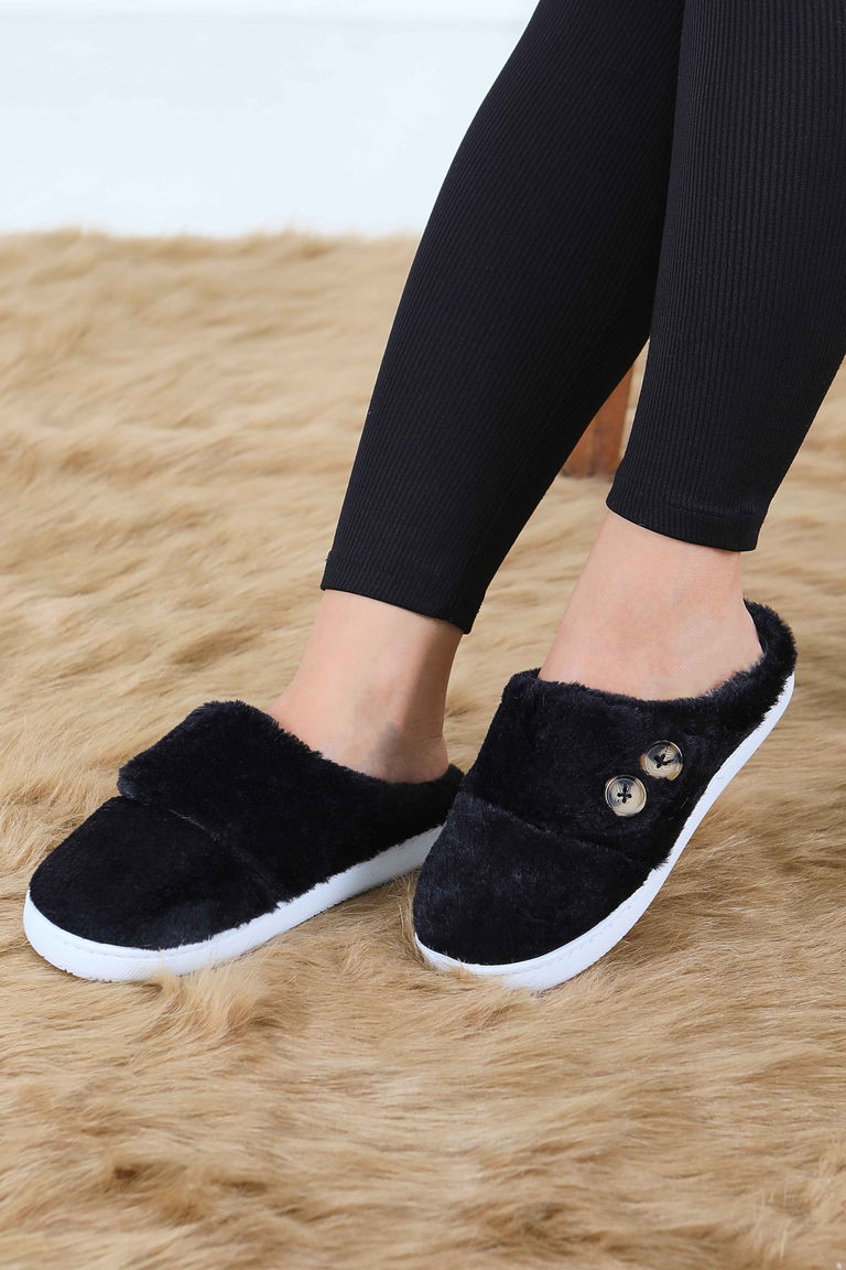 Kadın Siyah Düğmeli Düz Ev Terliği - 27777-SIYAH - TOFİSA