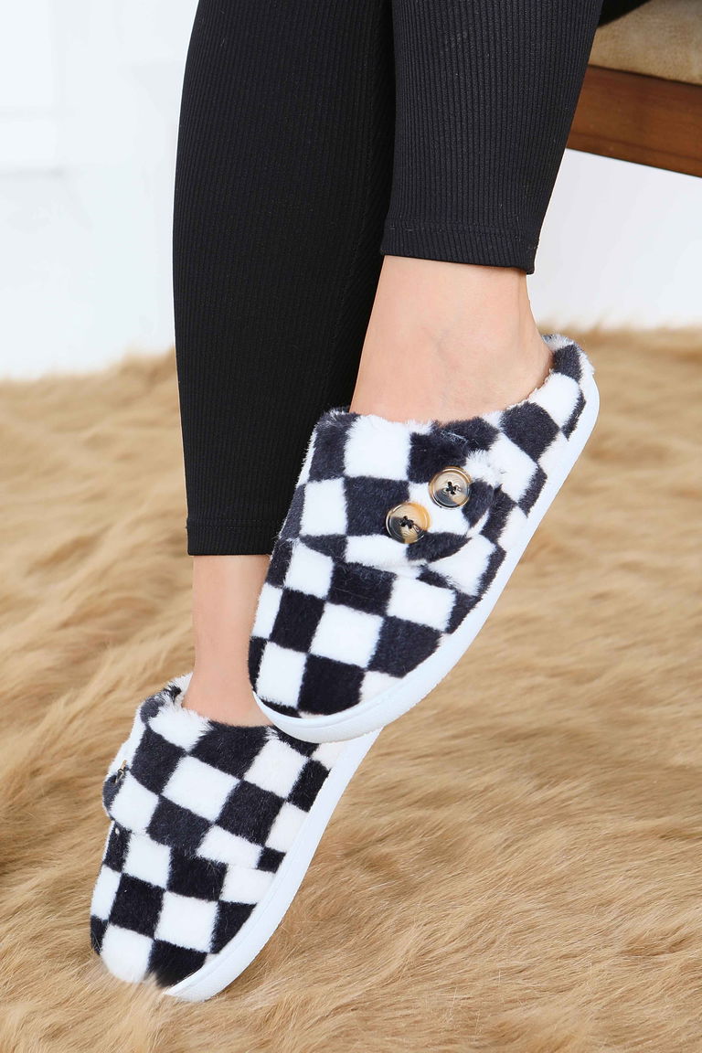 Kadın Siyah Ekoseli Düğmeli Ev Terliği - 27780-SIYAH - TOFİSA