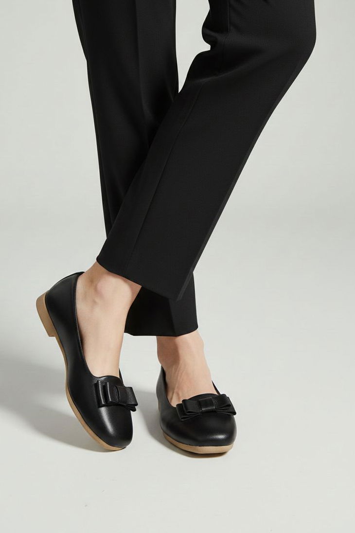 Kadın Siyah Fiyonk Detaylı Suni Deri Babet - 28195-SIYAH - 2