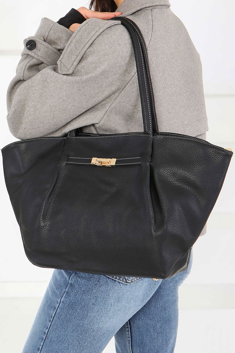 Kadın Siyah Geniş Suni Deri Omuz Çantası - 27844-SIYAH - TOFİSA