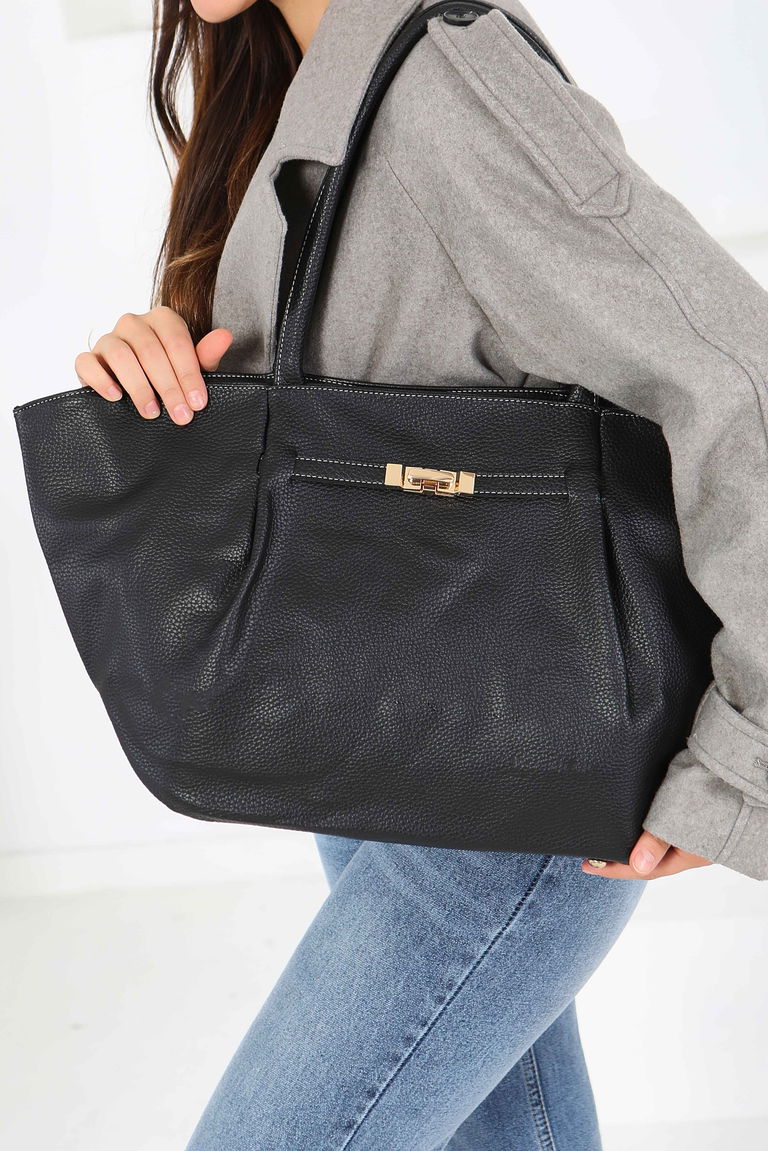 Kadın Siyah Geniş Suni Deri Omuz Çantası - 27844-SIYAH - TOFİSA